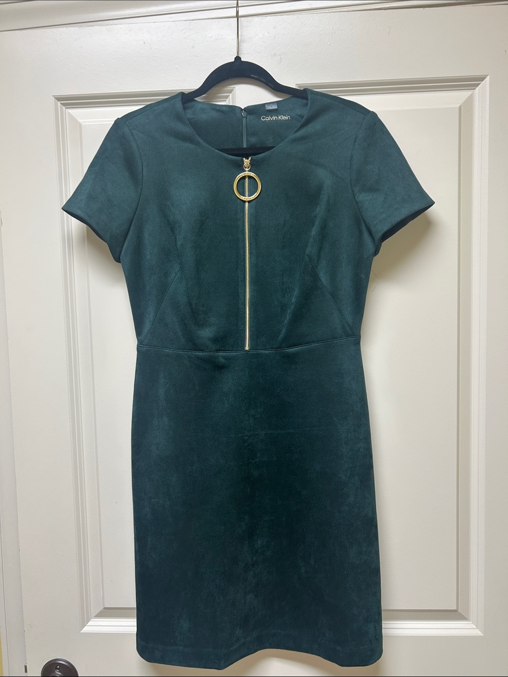 Calvin Klein Dark Green Short Sleeve Sheath Dress with Gold Ring Zip